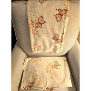 1970s Butterfly Flat/Fitted Twin Size Percale Hanae Mori Style Brown Blue Beige